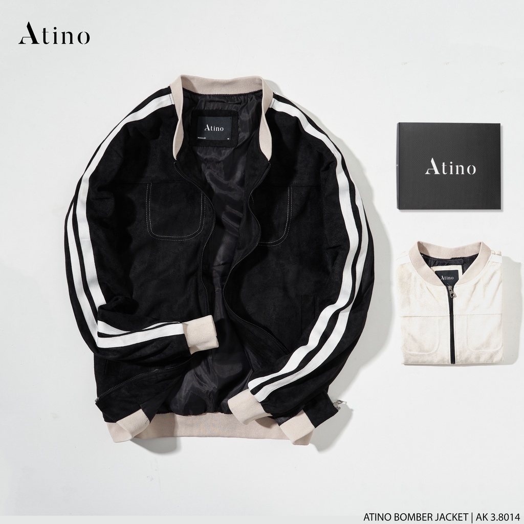 Áo Khoác Da Lộn Bomber 2 Sọc Nam ATINO Hàn Quốc Phong Cách Trẻ Trung Chuẩn Form AD3.8014
