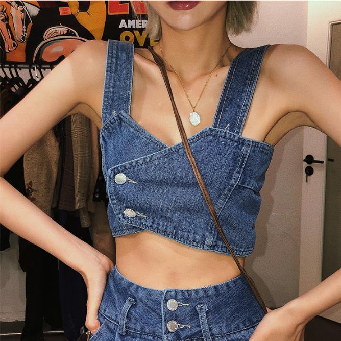 ✴Áo Denim Không Tay Màu Xanh Dương Dáng Ôm Phong Cách Thời Trang Đường Phố Gợi Cảm Cho Nữ