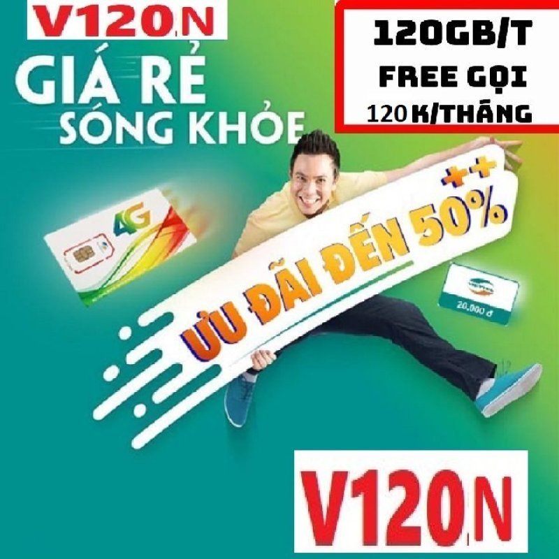 Sim V120N - Gói Cước Khủng Gọi Free Nội Mạng - Ngoại Mạng Tặng 50p -4G Data tốc độ cao mỗi ngày