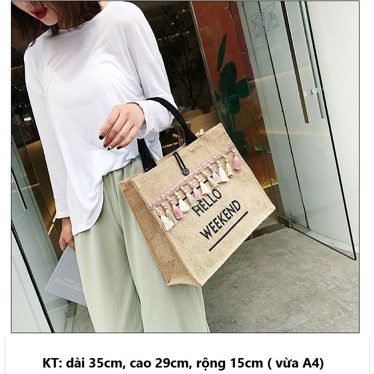 Túi Cói Đi BiểnGIADUNGTONGKHO1Túi Cói HELLO WEEKEND Mẫu Mới Siêu Hot, Túi Quai Xách Thiết Kế Theo Phong Cách Hàn Quốc