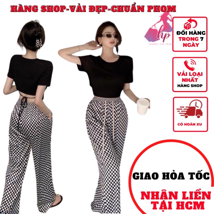 Sét đồ nữ quần dài ống loa caro kèm áo croptop tay ngắn cột dây sang chảnh đi chơi cá tính VD226 -teen