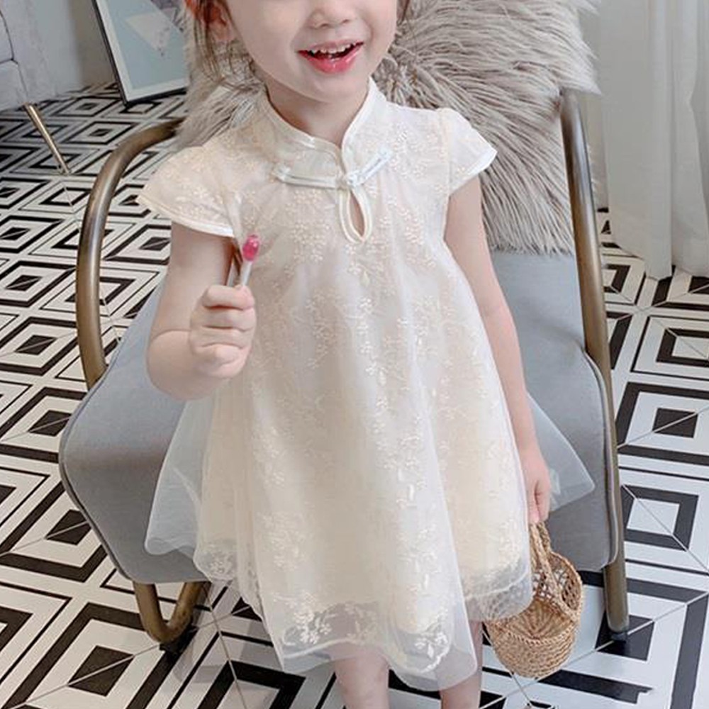 Đầm Sườn Xám Tay Ngắn Cổ Cao Chất Liệu Cotton In Họa Tiết Hoa Phong Cách Trung Quốc Xinh Xắn Cho Bé Gái
