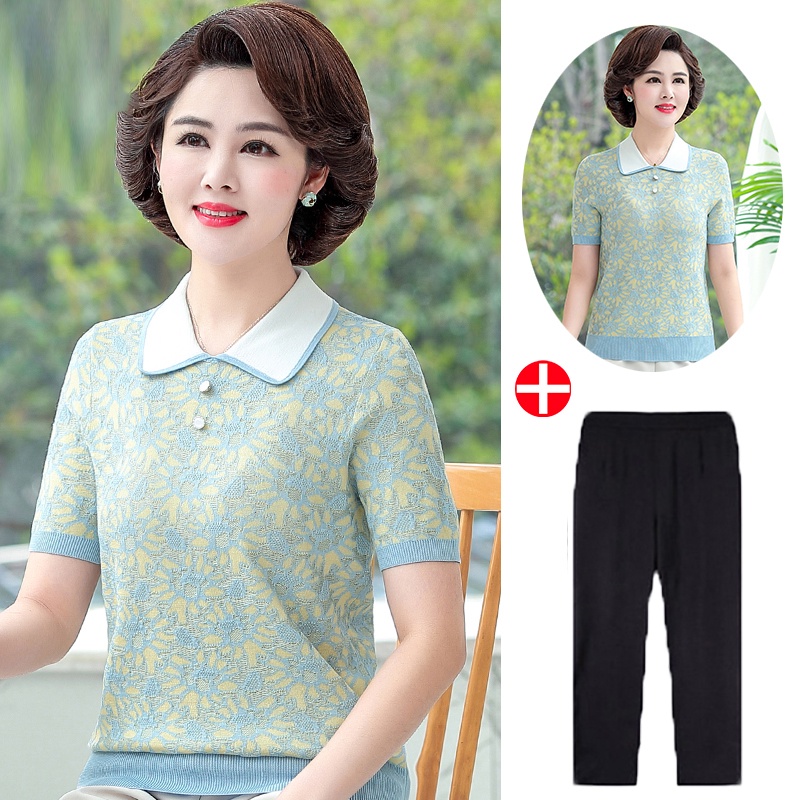 Áo thun tay ngắn cổ vuông in họa tiết thời trang mùa hè cho nữ trung niên 50 tuổi