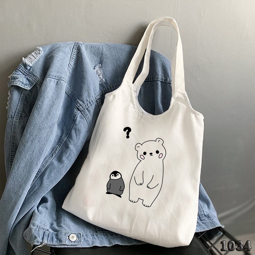 TÚI TOTE TRẮNG CHẤT VẢI CANVAS 507 1034 GẤU VÀ CHIM CÁNH CỤT DỄ THƯƠNG HÀNG CHUẨN ĐẸP