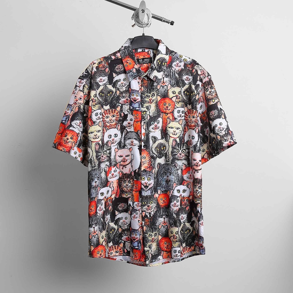[bigsize < 130kg] Áo Sơ Mi Hoạ Tiết mèo Tay Ngắn nam bigsize