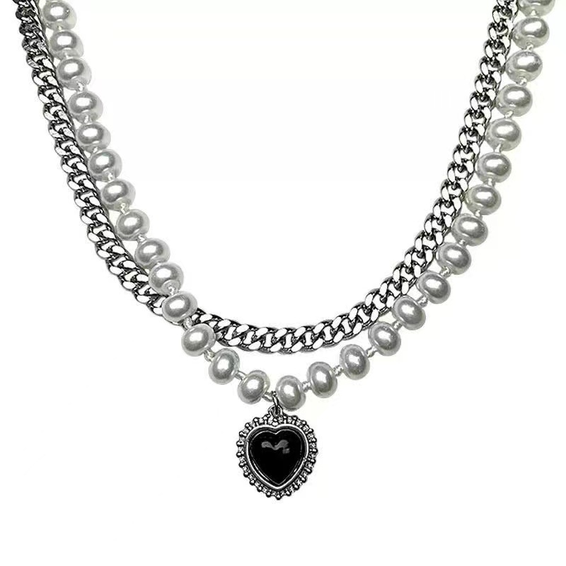 iF YOU Vòng cổ Chuỗi Ngọc Trai Đen Mặt Trái Tim Phong Cách Vintage
