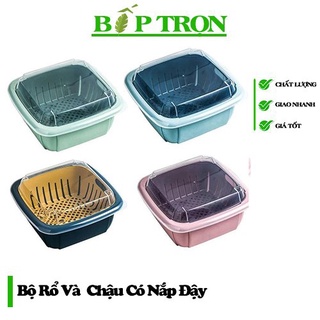 Bộ rổ nhựa kèm thau có nắp đậy 3 in 1 đựng thực phẩm rửa rau hoa quả tiện dụng