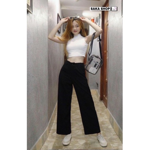 Áo thun croptop sát nách trơn nữ cổ trụ màu đen trắng phong cách ulzzang