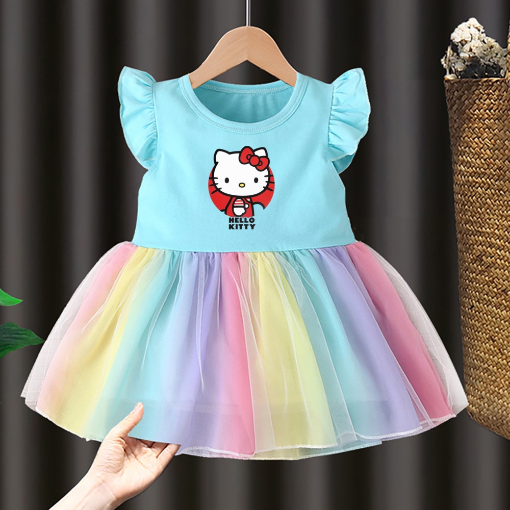 Đầm Xòe Công Chúa In Hình Mèo kitty Màu Cầu Vồng Dễ Thương Cho Bé Gái