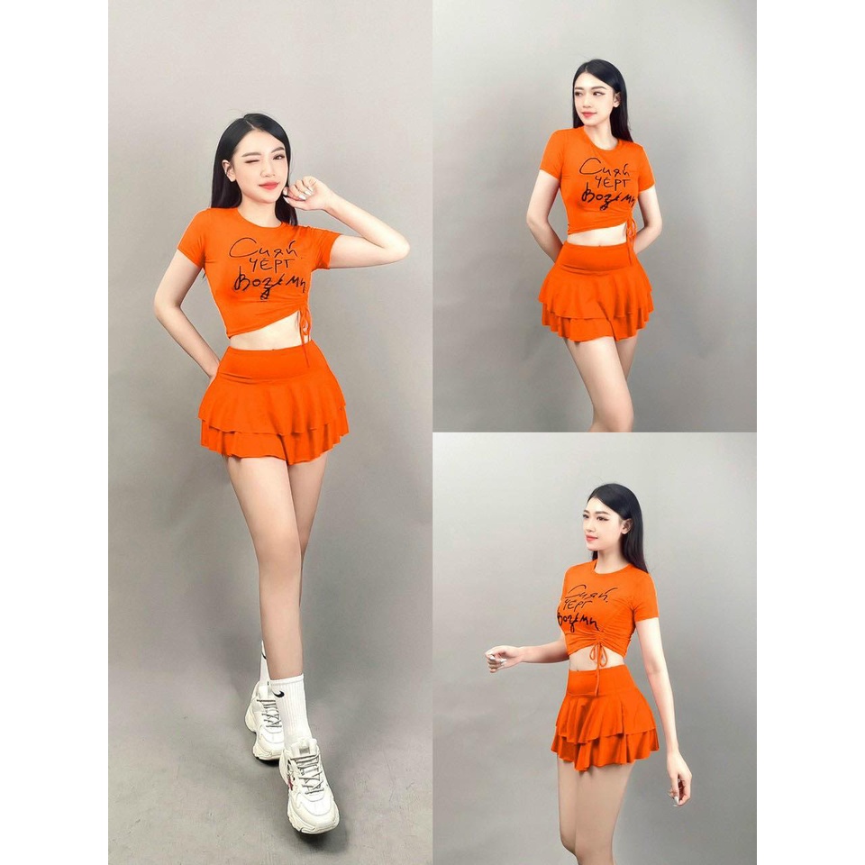 Set bộ váy 2 tầng áo croptop rút dây nữ tập nhảy aerobic,Gym, Zumba, khiêu vũ, trang phục biểu diễn, đi bơi,đi biển nữ