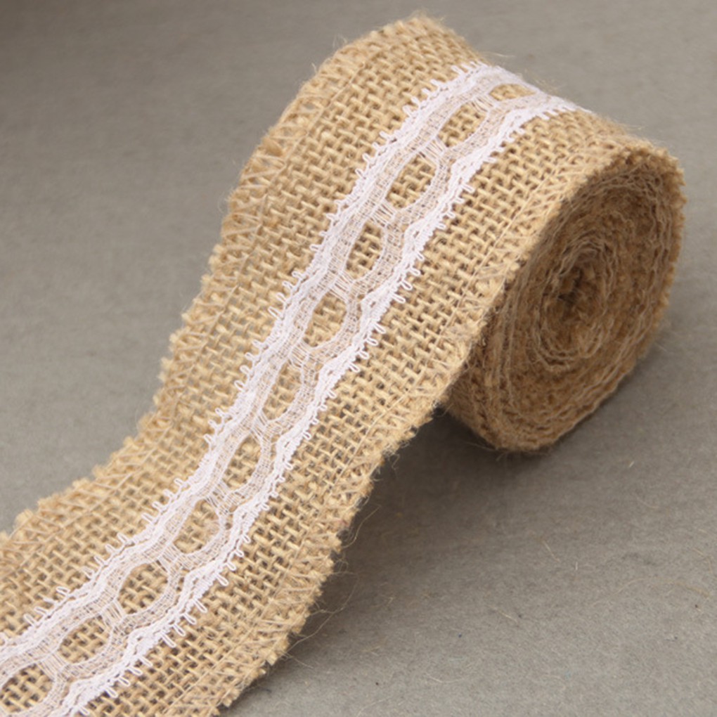 2M Natural Burlap Craft Ribbon Roll with White Lace Wedding Crafts
