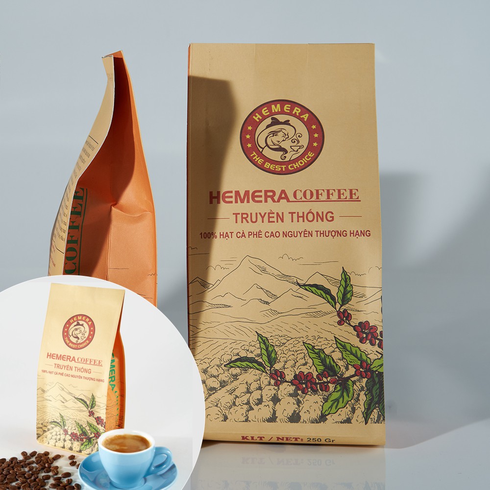 Cà Phê Nguyên Chất Rang Xay Truyền Thống Hemera (gói 250gr) Tặng kèm 2 gói cafe hòa tan 3in1