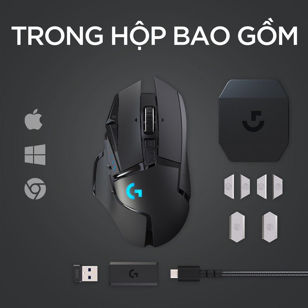 Chuột game không dây Logitech G502 - RGB, 11 nút lập trình, tùy chỉnh trọng lượng