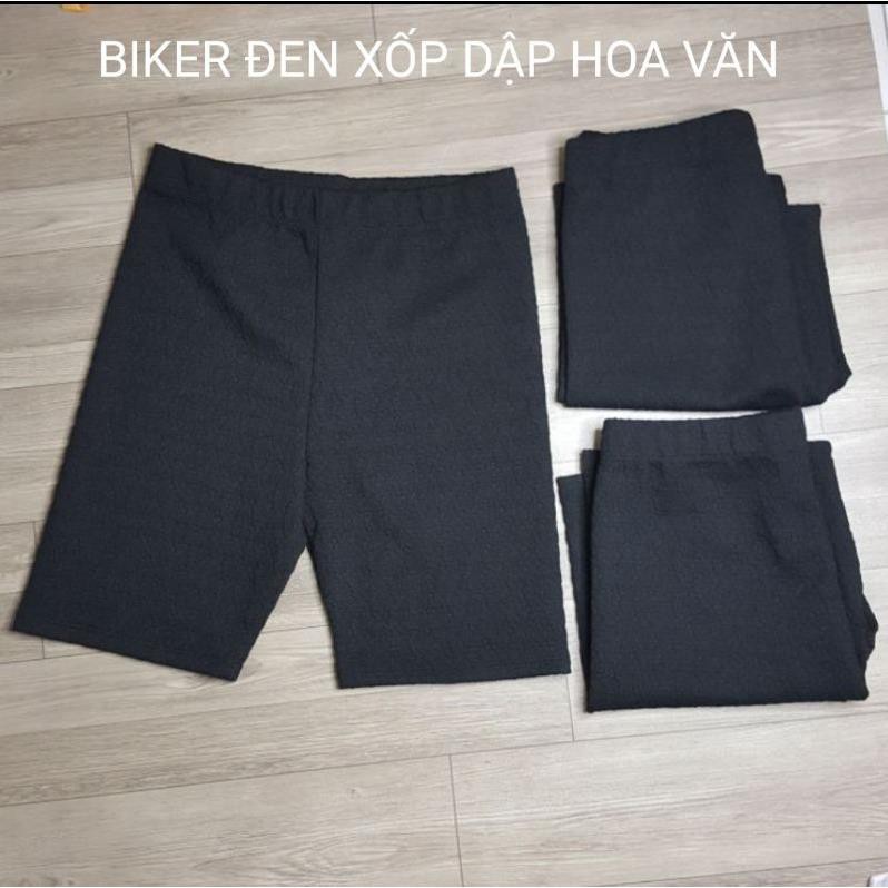 Quần short biker ôm đen thun xốp dập hoa văn/sọc nnganng xuất dư ་