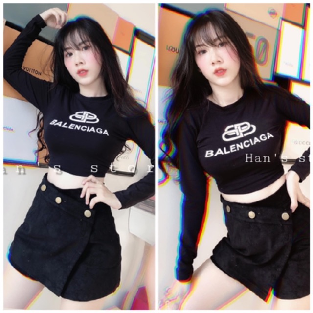 Áo croptop tay dài in siêu hot nhiều màu Freesize dưới 52kg kg - Carotshop