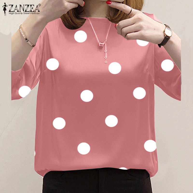 ZANZEA Áo Kiểu Cổ Tròn Tay 3 / 4 Họa Tiết Chấm Bi Phong Cách Retro Dành Cho Nữ