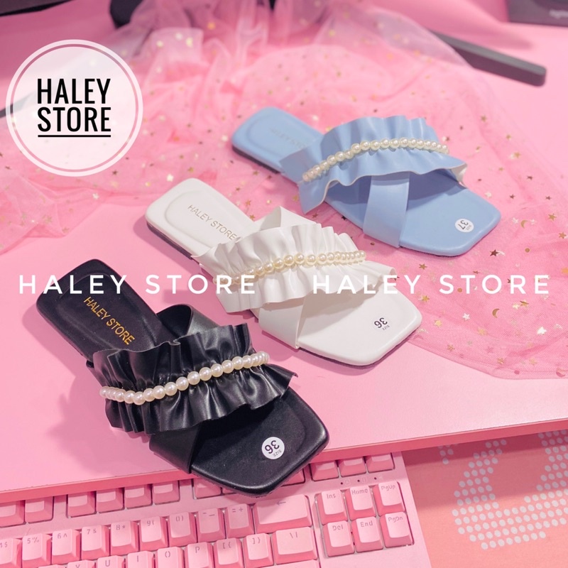 Dép lê nữ nhún nhúm bèo đính ngọc dép bệt kẹp xỏ ngón thời trang ulzzang phong cách tiểu thư HALEY STORE