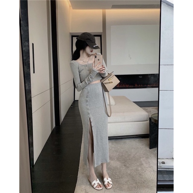 ❤️Set áo tay dài + chân váy xẻ kèm hình thật