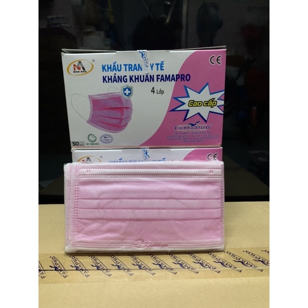 HỘP 50 CÁI KHẨU TRANG Y TẾ MÀU HỒNG 4 LỚP KHÁNG KHUẨN FAMAPRO