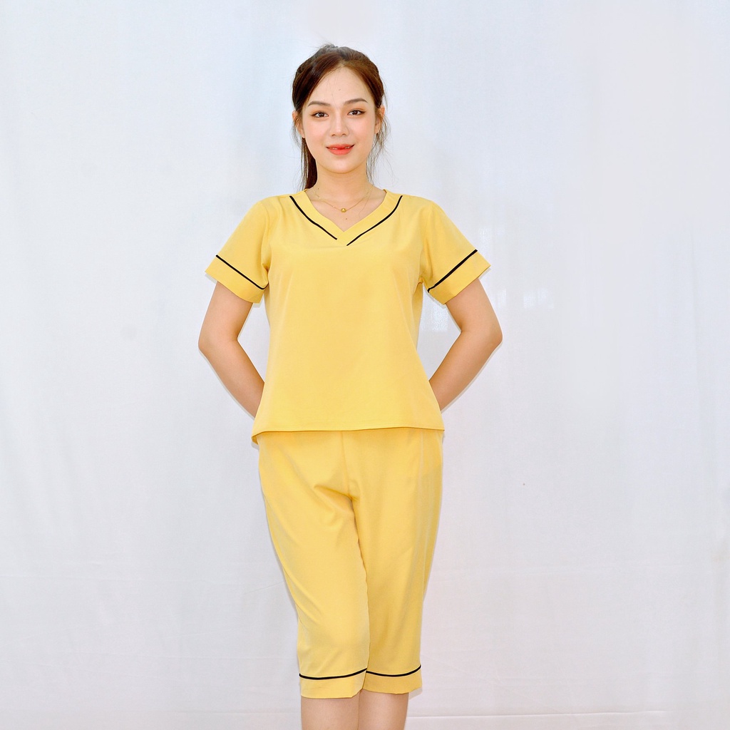 Bộ đồ bộ Pijama nữ mặc nhà FR5 VÀNG CỔ TIM Tay Ngắn Quần Lửng - Lụa 106 - Thoải Mái Nhẹ Nhàng