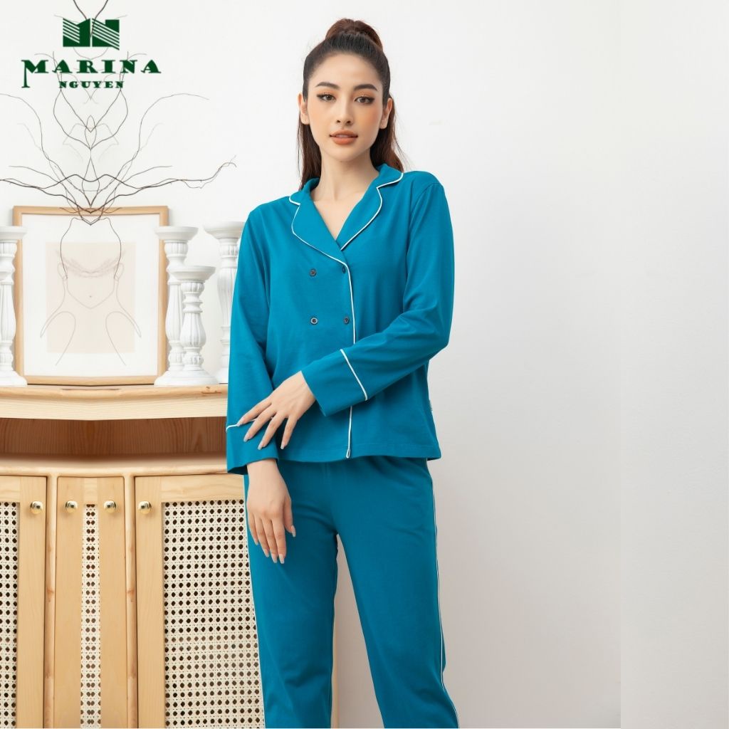 Đồ Bộ Pijama Nữ Dài Tay MARINA NGUYỄN Phối Viền Cổ Trẻ Trung, Chất Vải Cotton Mềm Mịn, Co Giãn 4 Chiều - 821011