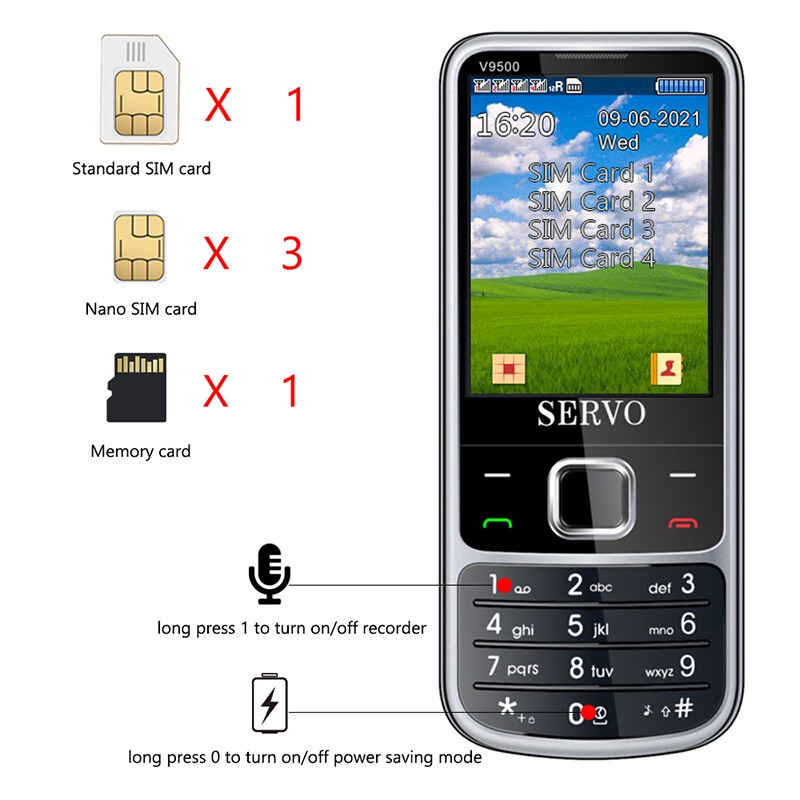 Điện thoại 4 sim 4 sóng Servo V9500 thiết kế nhỏ gọn máy hỗ trợ thay đổi giọng nói ghi âm cuộc gọi