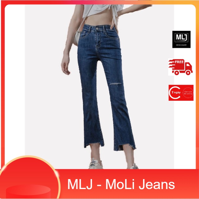 Quần jean dài 9 tấc BIG SIZE ống loe màu xanh đậm rách kiểu, size 40kg~90kg