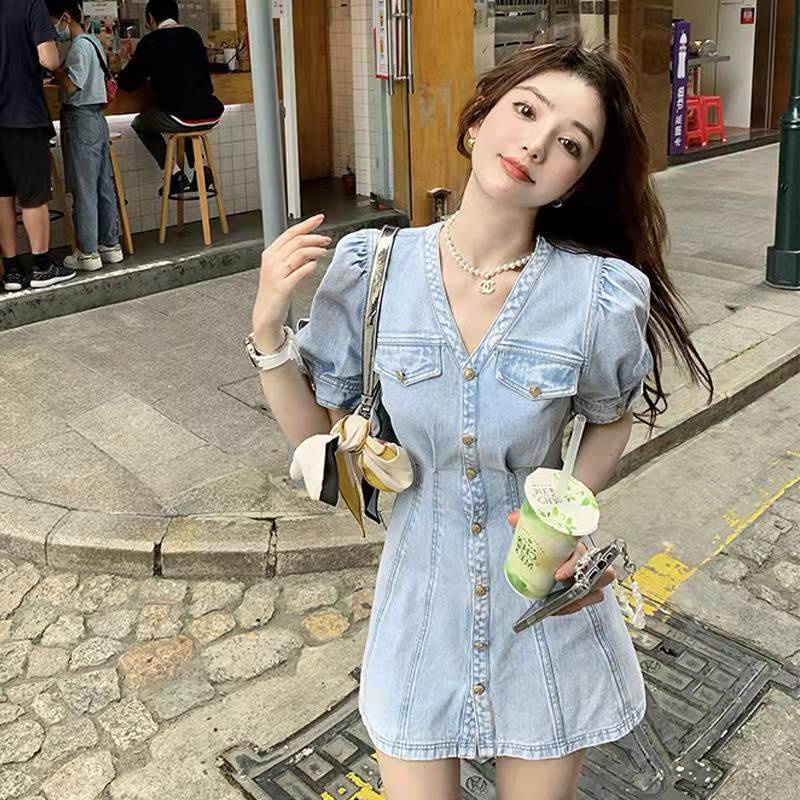 Đầm Denim Dáng Chữ a Ôm Eo Thời Trang Mùa Hè Phong Cách Mới