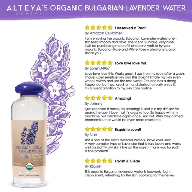 Nước Hoa Oải Hương Bulgaria Hữu Cơ Alteya Organic Bulgarian Lavender Water, 500ml