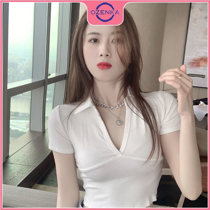 Áo croptop ôm cổ V polo nữ OZENKA , áo crt ngắn tay gợi cảm chất đẹp màu đen trắng freesize dưới 50 cân