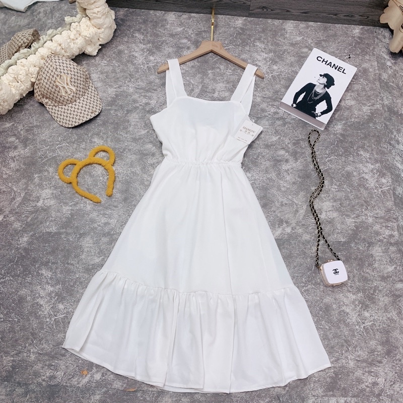 Váy 2 dây maxi có nơ hở lưng Đầm chiết eo 2s bản to có đuôi cá dáng xoè màu trắng