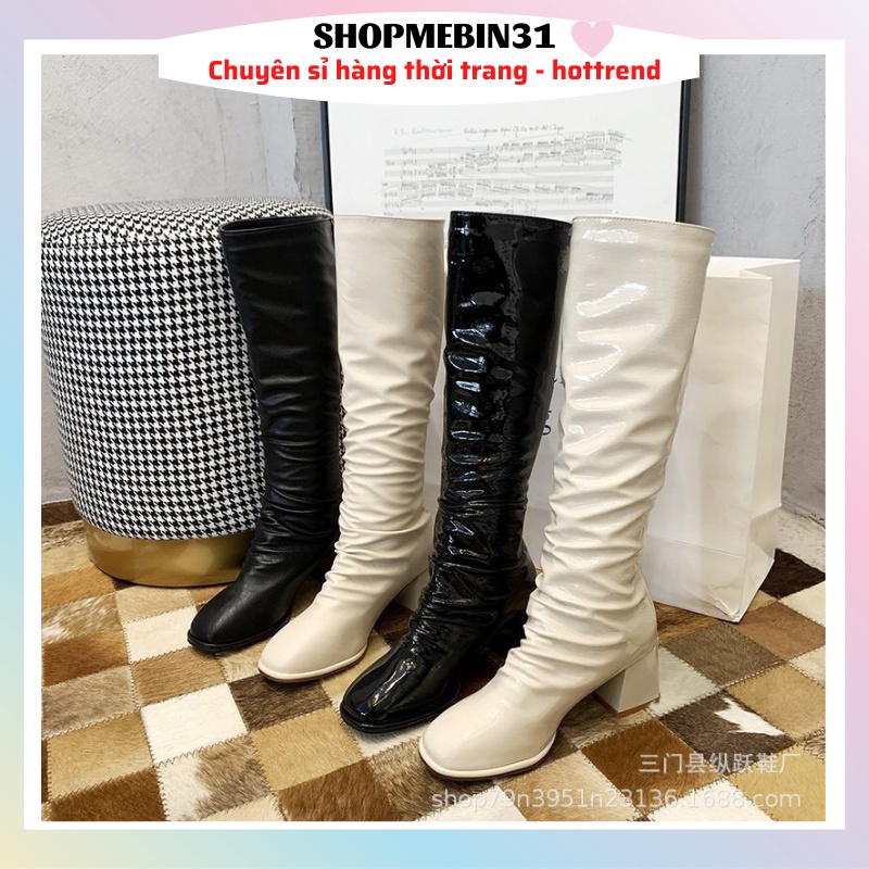 Bốt Đùi Boot Cao Cổ Nhăn Trước Da Mềm Cao Cấp Khóa Sau Da Bóng và Da Mờ