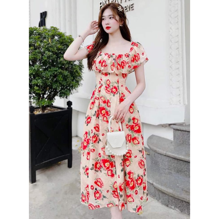 Váy hoa thiết kế dáng dài TOPFASHION chất liệu voan cao cấp, đầm tiểu thư trễ vai phù hợp đi biển, chơi