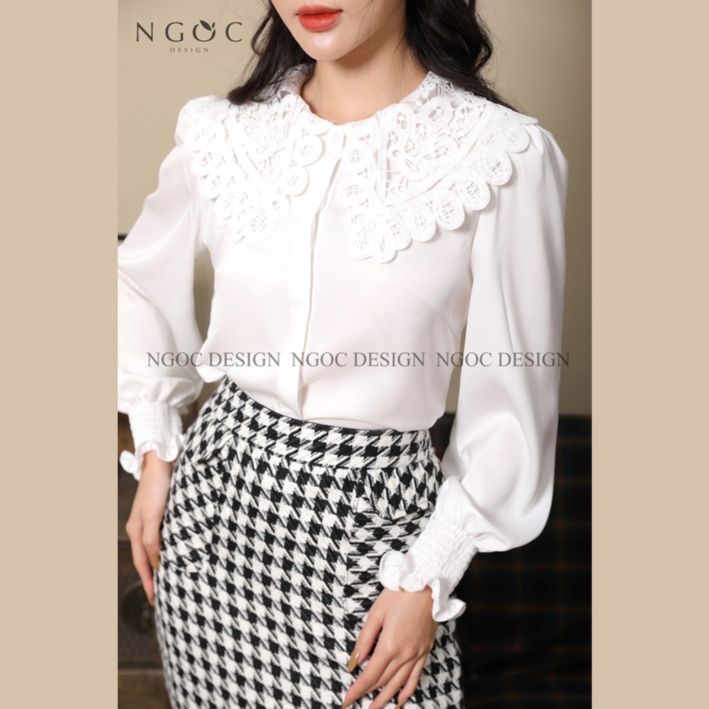 Áo sơ mi nữ công sở Ngọc Design cổ ren tay dài - Áo sơ mi nữ tay bo chun dáng suông hàn quốc