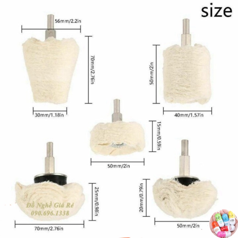 Bộ 5 đầu chổi đánh bóng đa năng - Bánh vải cotton pad đánh bóng bánh xe cao su inox