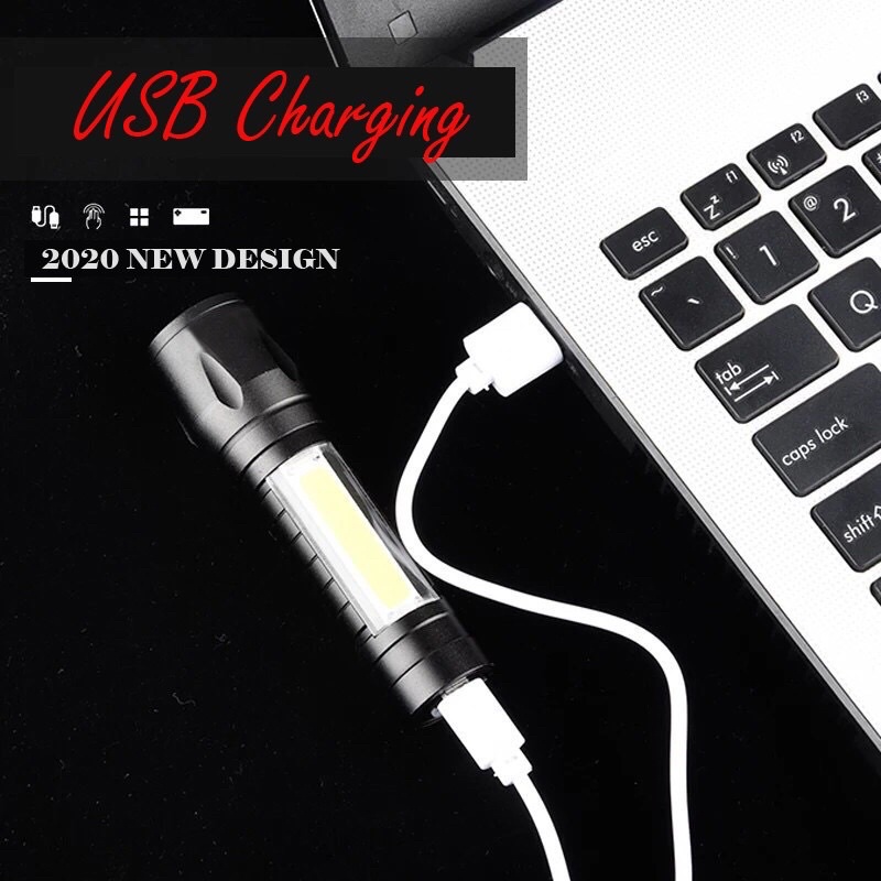 Đèn Pin Mini Siêu Sáng 3 In 1 Led XPE + Led Cob Pin Sạc Usb Ánh Sáng Mạnh Có Zoom Nhỏ Gọn Tiện Lợi