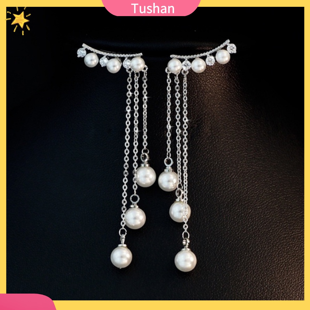 TUSH Women Faux Pearls Inlaid Chain Tassel Dangle Ear Jackets Earrings Jewelry Gift
