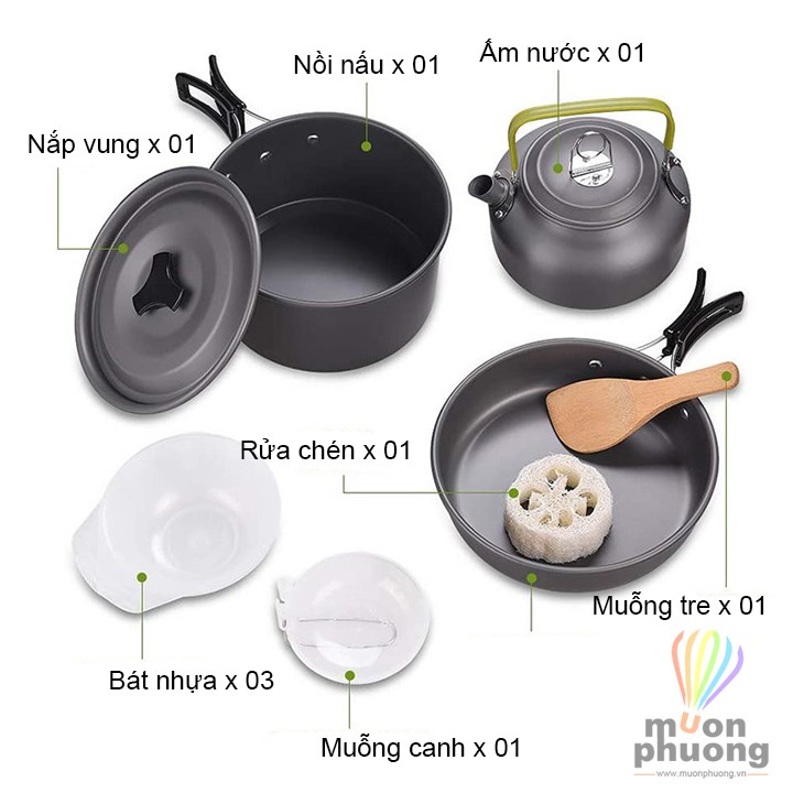 Bộ nấu ăn 2-3 người dã ngoại cắm trại DS308 có siêu ấm đun nước - [MUÔN PHƯƠNG SHOP]