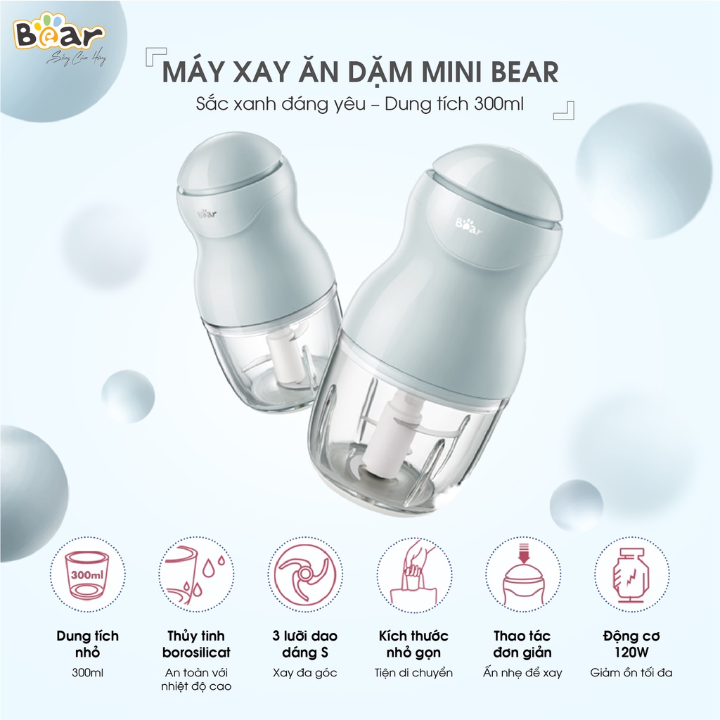 Máy Xay Ăn Dặm Bear Mini 0,3L Nhỏ Gọn Xay Ăn Dặm, Sinh Tố Thiết Kế 3 Lưỡi Dao Sắc Bén Xay Nhuyễn Mọi Thực Phẩm B03V2