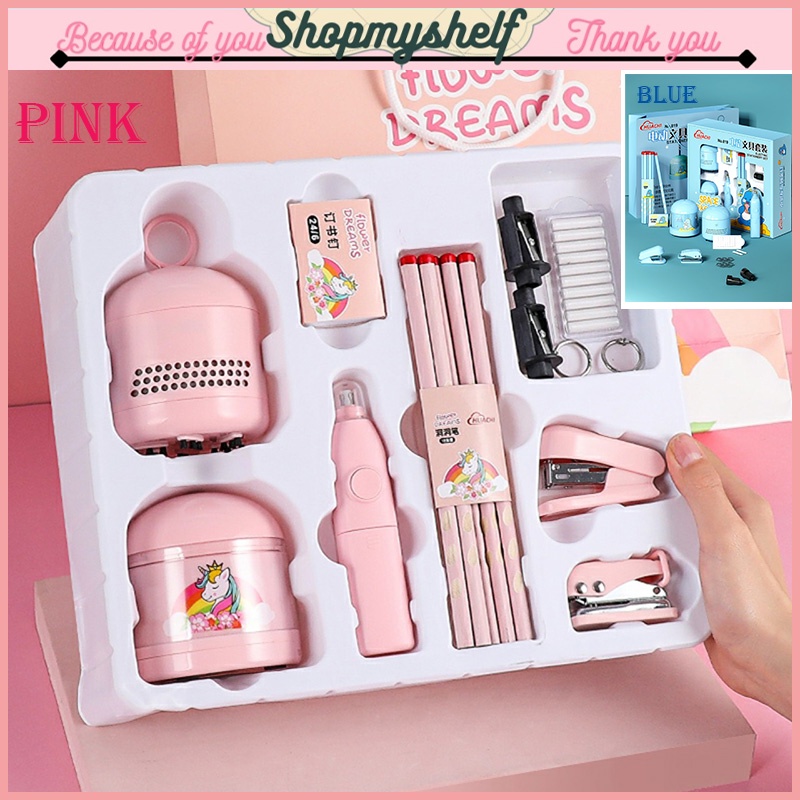 Bộ dụng cụ văn phòng phẩm 6 món Huachi: chuốt bút chì tự động+ máy hút bụi mini+ tẩy điện...-Bộ quà tặng văn phòng phẩm