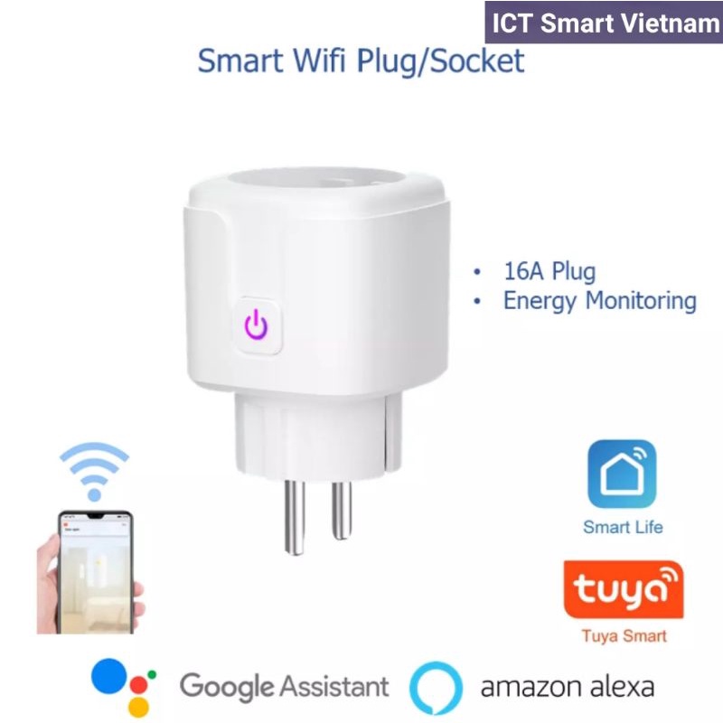 ( Chất lượng cao) Ổ Cắm WiFi Thông Minh EU 2 chân tròn Tuya Điều Khiển Từ Xa 16A 3840W