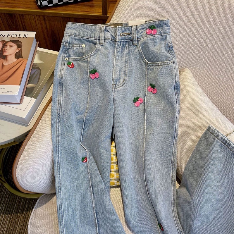 Quần Jean Ống Rộng Lưng Cao Thêu Họa Tiết Ba Chiều Thời Trang Mùa Thu 2022 Mới Cho Nữ