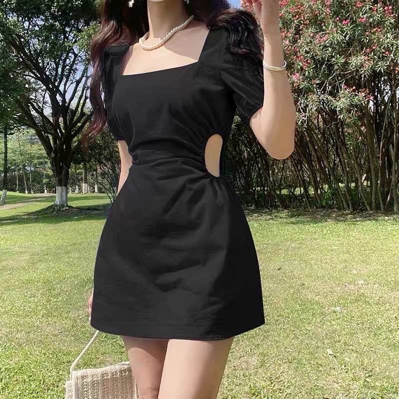 Đầm kiểu ngắn nữ cut eo tay phồng hở lưng đan dây cổ vuông xoè - order taobao quảng châu