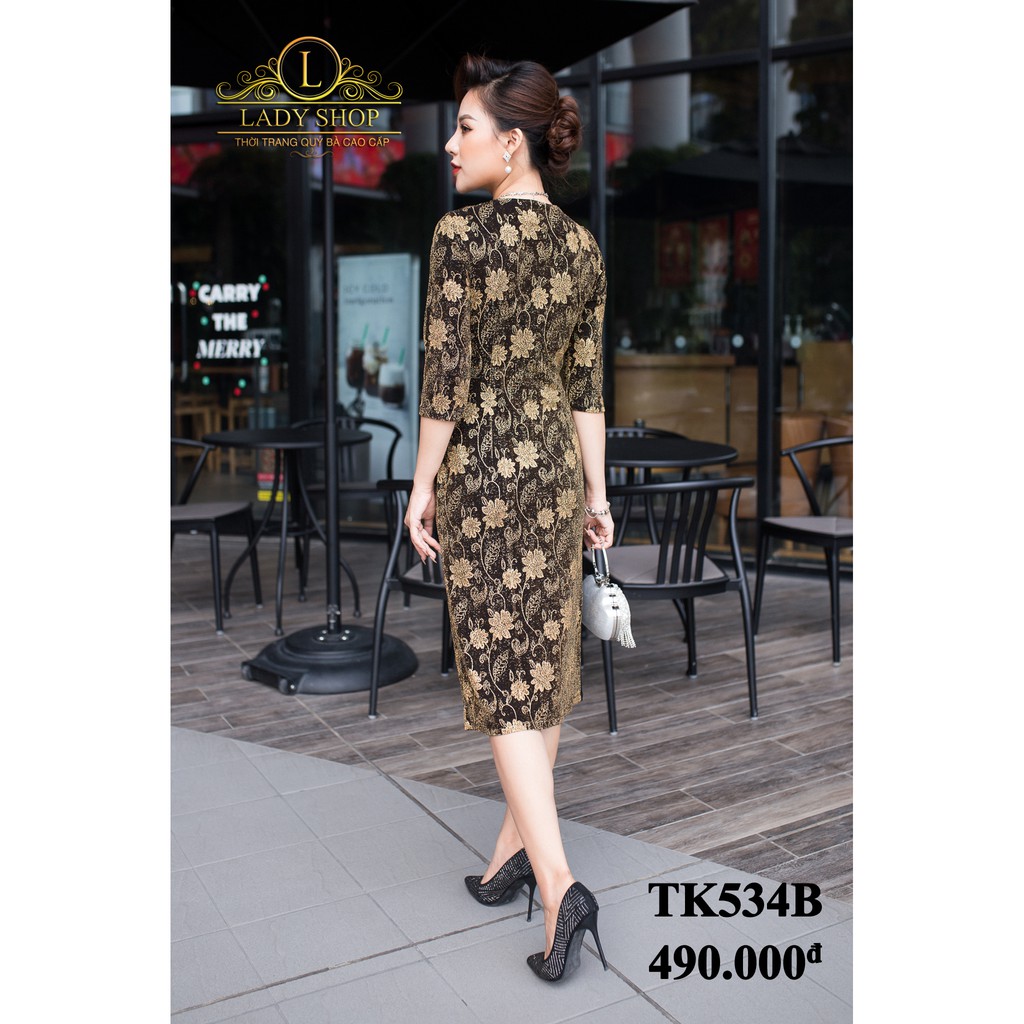 Đầm trung niên Ladyshop - Đầm thun nhũ đỏ chia khoang hoa dây đá TK534 | BigBuy360 - bigbuy360.vn