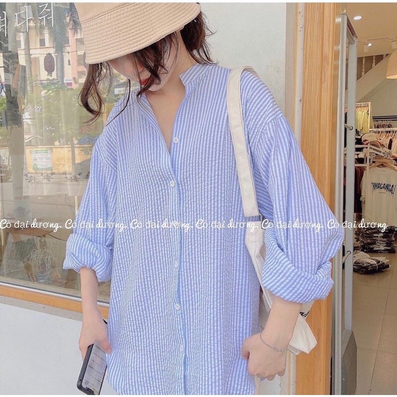 Áo sơmi xốp kẻ sọc cổ tàu phối tay bèo rút dây Ulzzang