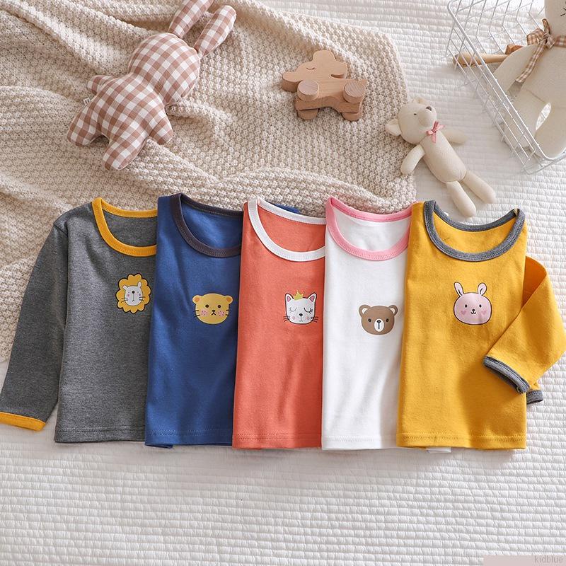 Áo thun cotton tay dài cổ tròn in hình gấu hoạt hình cơ bản dành cho trẻ em 0-5 tuổi