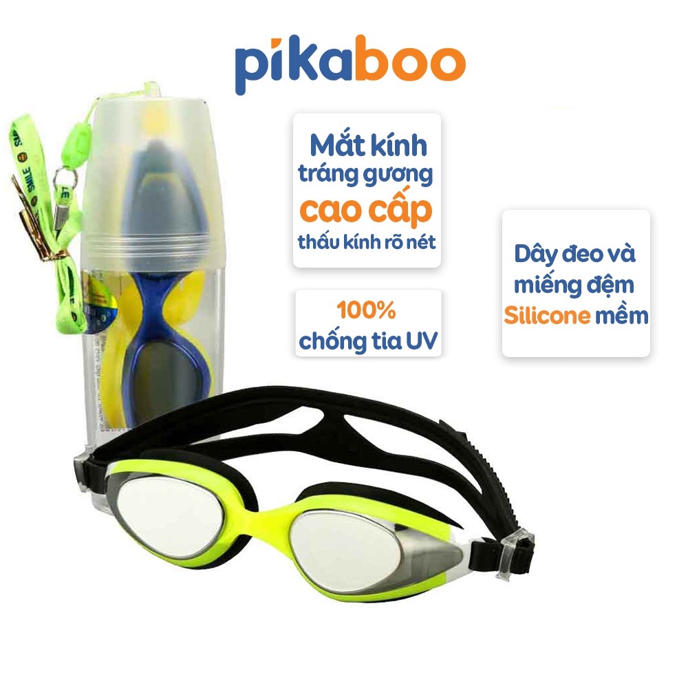 Kính bơi trẻ em cao cấp Pikaboo, mặt kính tráng gương, bảo vệ mắt, kèm 2 nút tai và hộp đựng tiện dụng