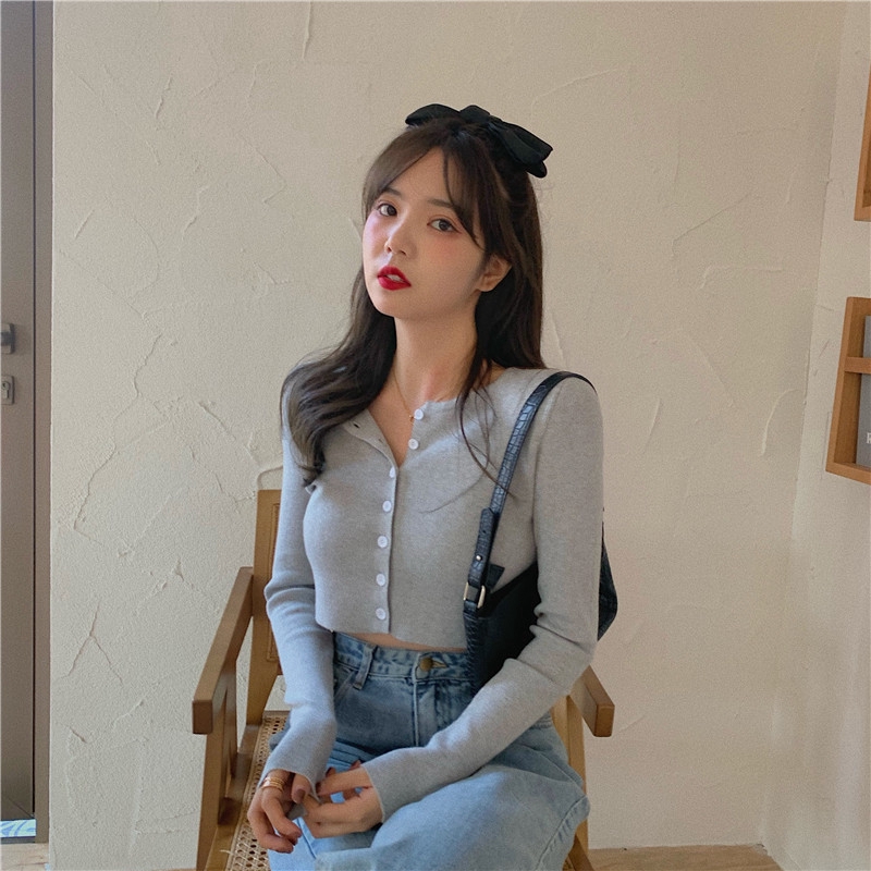 SUXI Áo khoác cardigan dệt kim tay dài màu trơn thanh lịch cho nữ