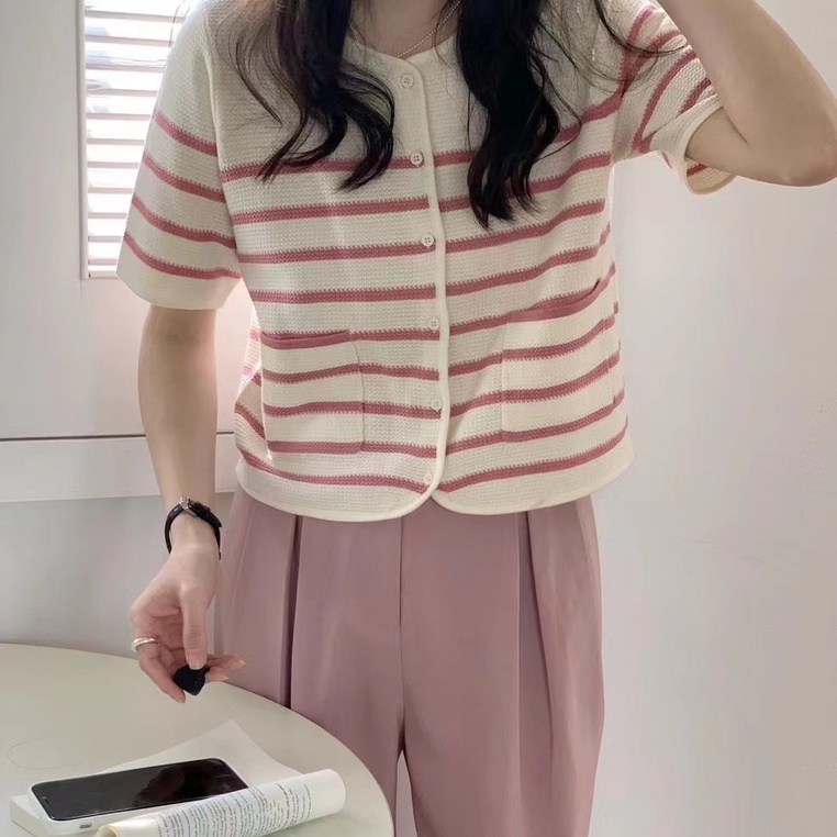 Áo cardigan dệt kim ZHELIHANGFEI tay ngắn cổ tròn kẻ sọc đơn giản trẻ trung