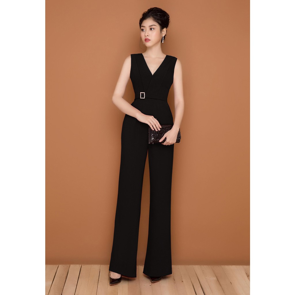 Jumpsuit đồ bay dài cổ tim phối đen eo khóa xinh xắn J897